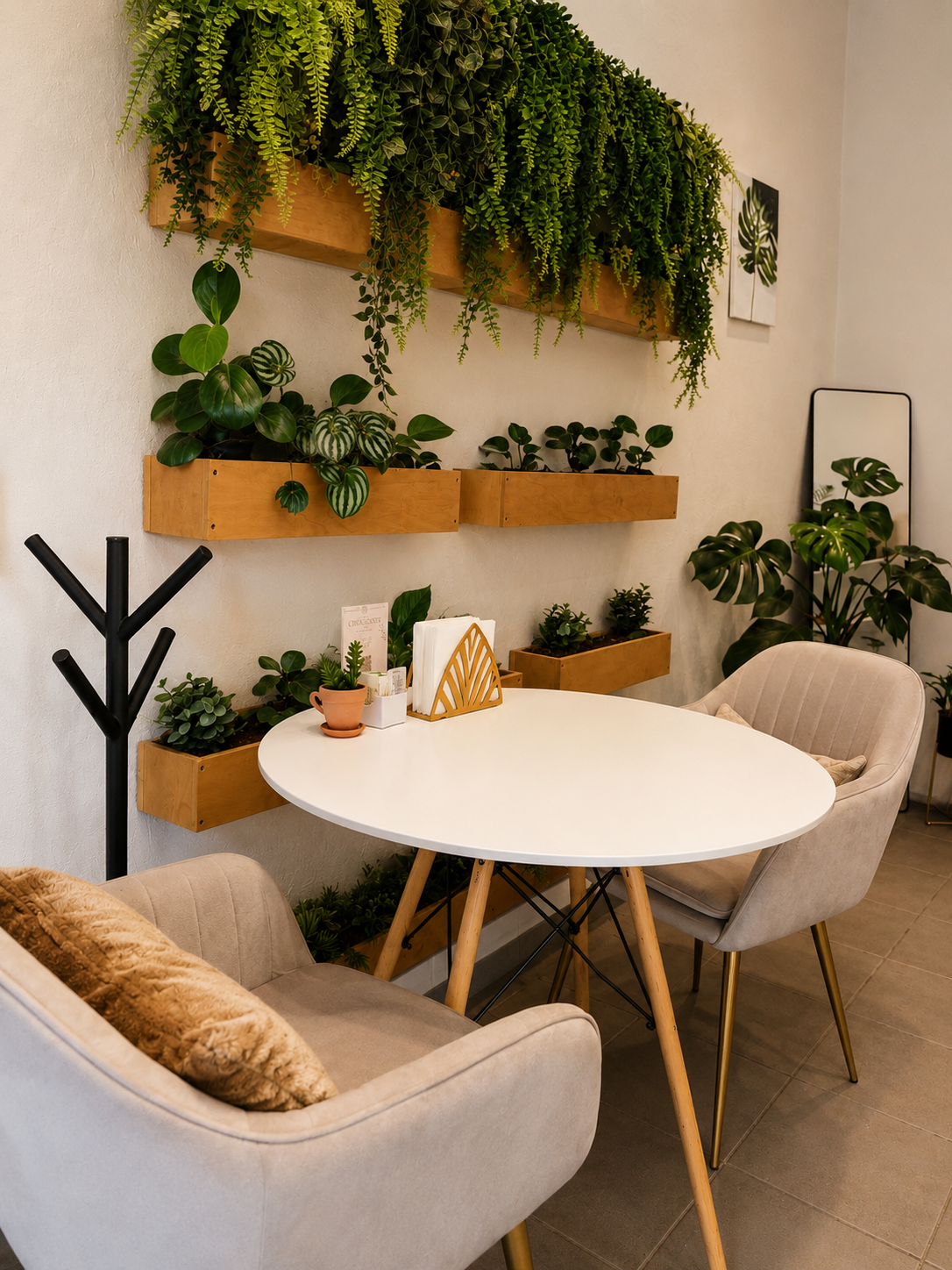 Plant wall corner with round table at Alere