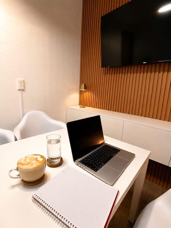 Alere Café meeting room: laptop and cappuccino on the table, screen and warm lamp on the wood wall