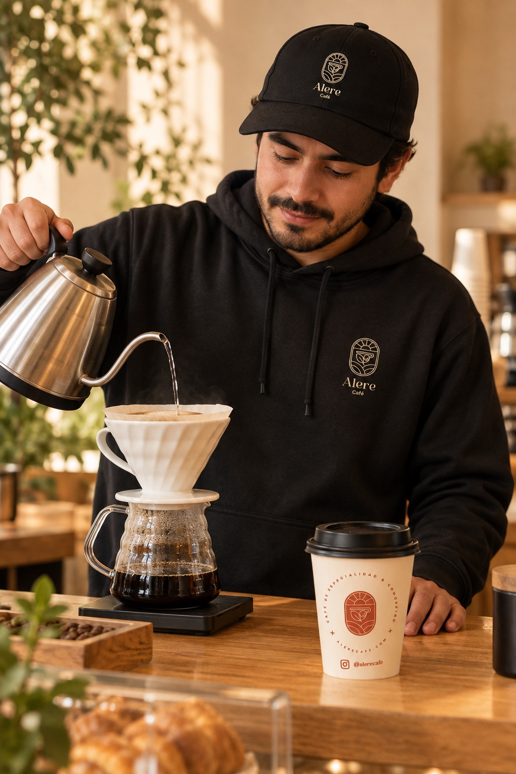 Barista de Alere preparando una bebida durante el montaje de la barra