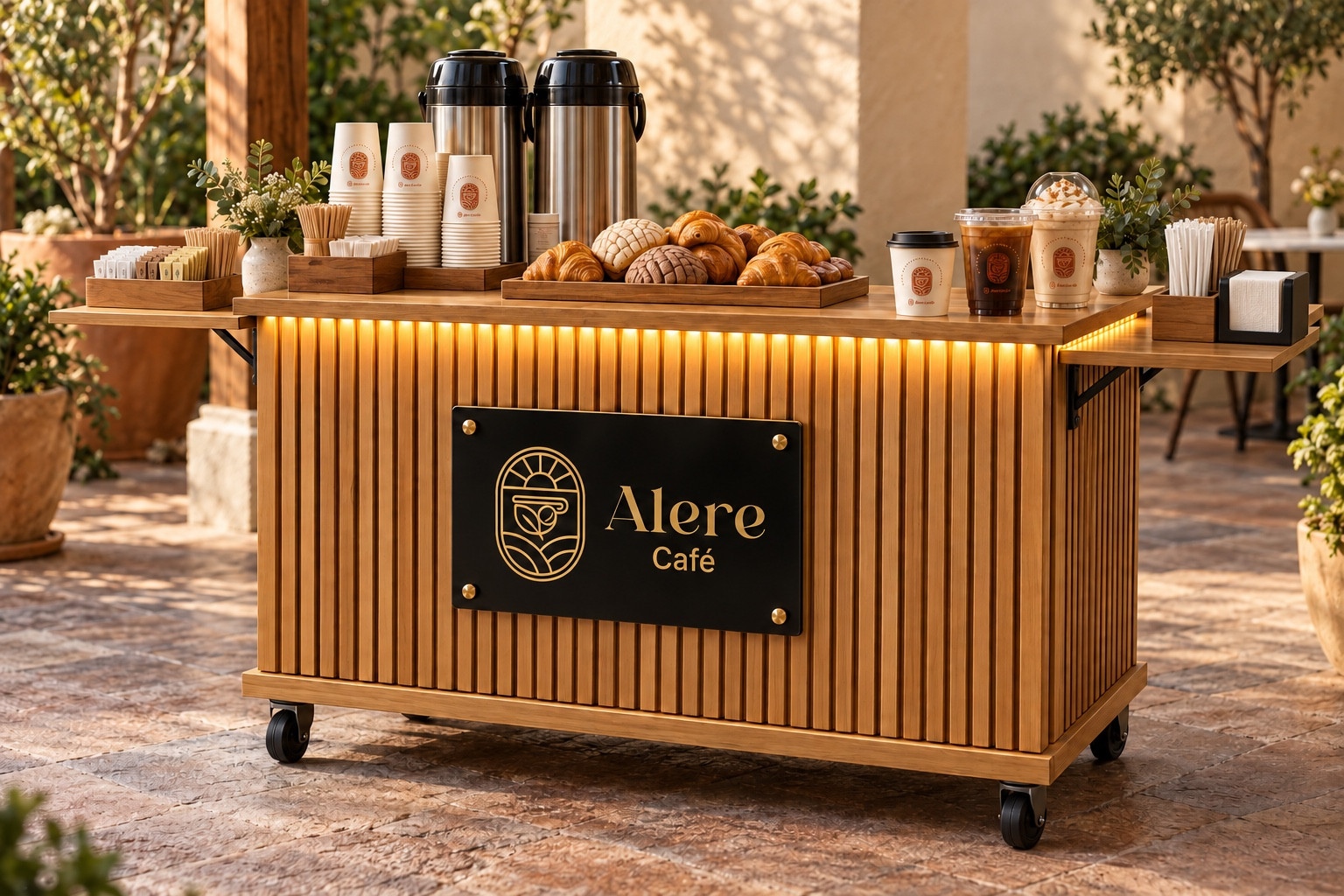 Montaje de la barra de café de Alere con letrero luminoso y accesorios de servicio