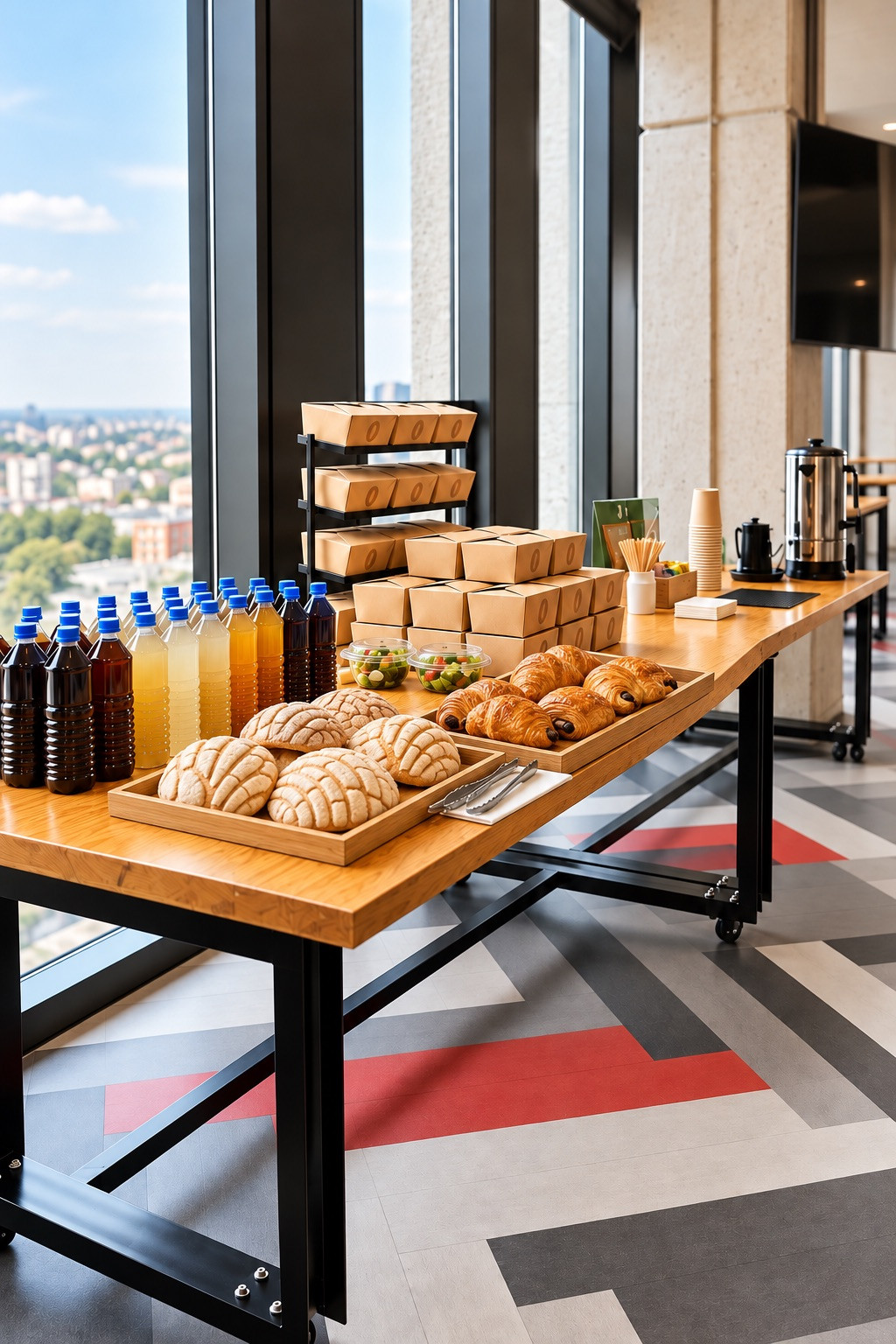 Montaje de catering junto a un ventanal, con panadería, cajas individuales, bebidas embotelladas y dispensador de café