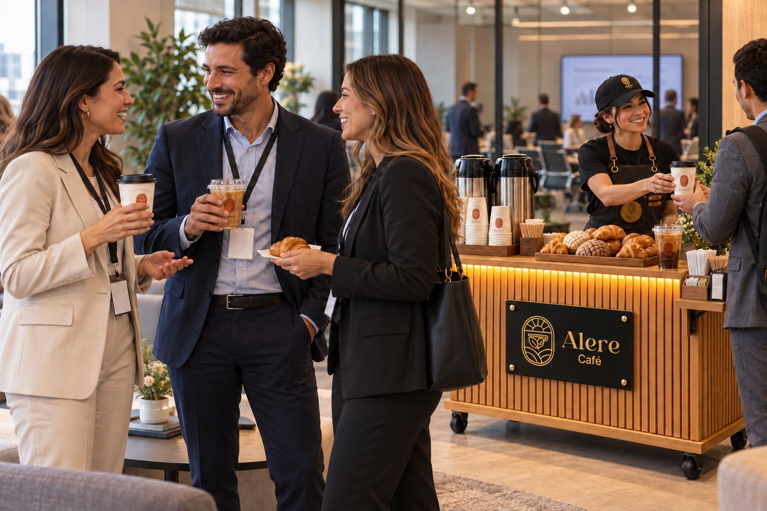 Coffee break corporativo con la barra de Alere y sus accesorios