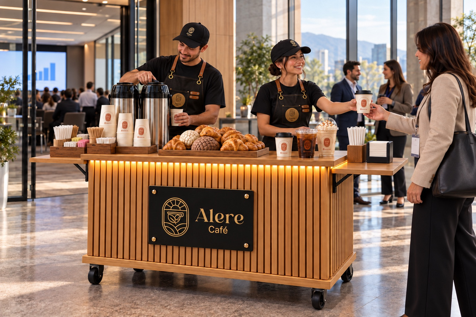 Barra de café montada en el vestíbulo de una conferencia