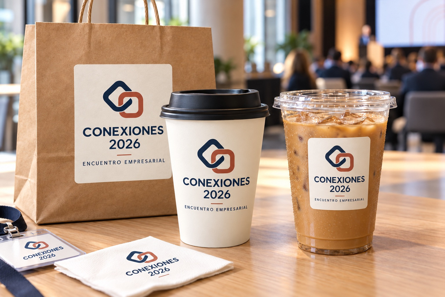 Vaso caliente, vaso frío y bolsa de papel con el logotipo y el nombre de un evento impresos en la etiqueta