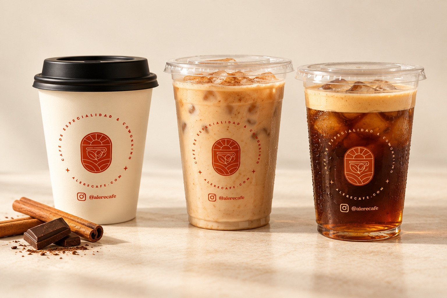 Bebidas del paquete Deluxe: chocolate artesanal, chai latte y carajillo