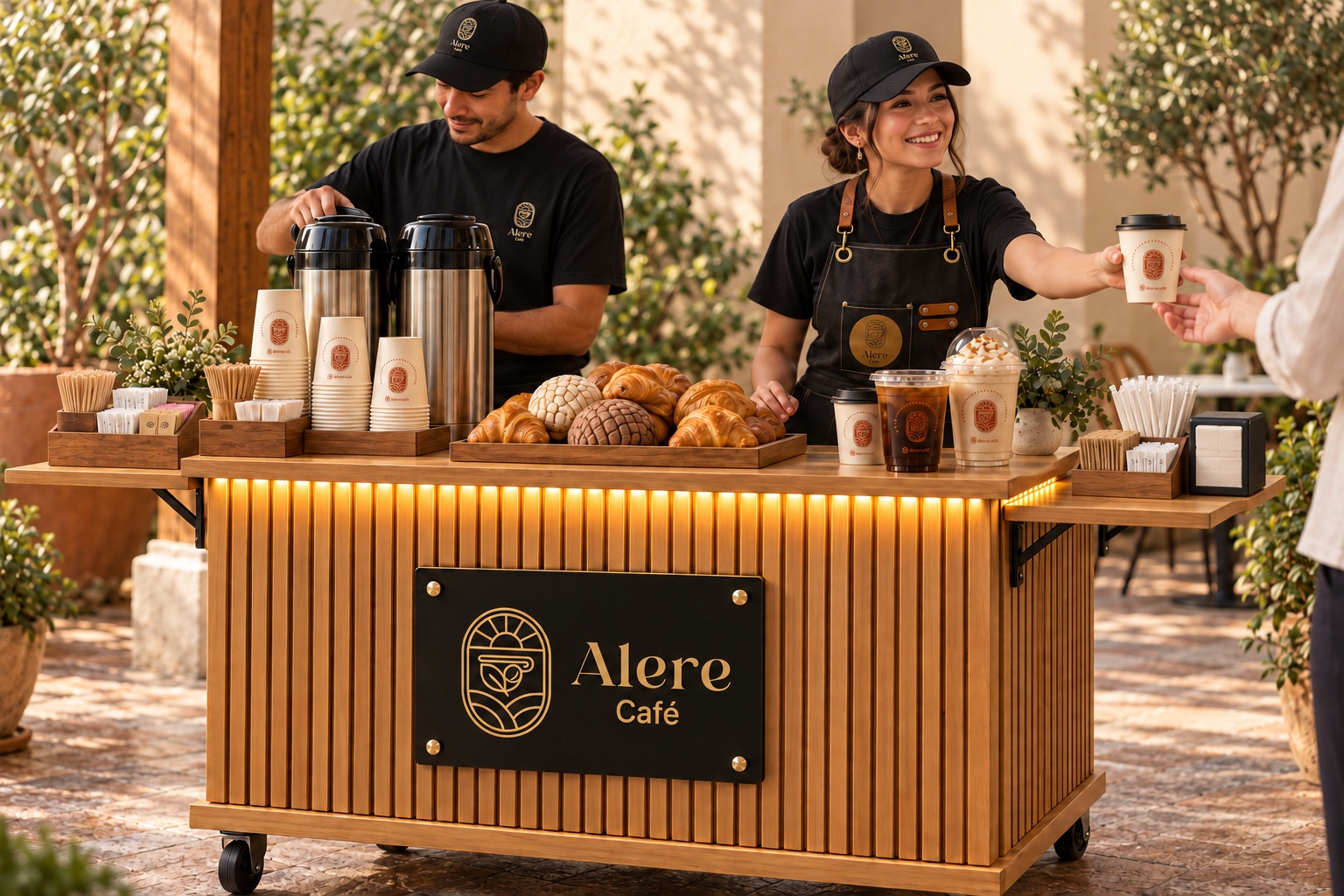 Personal de Alere atendiendo la barra de café durante un evento