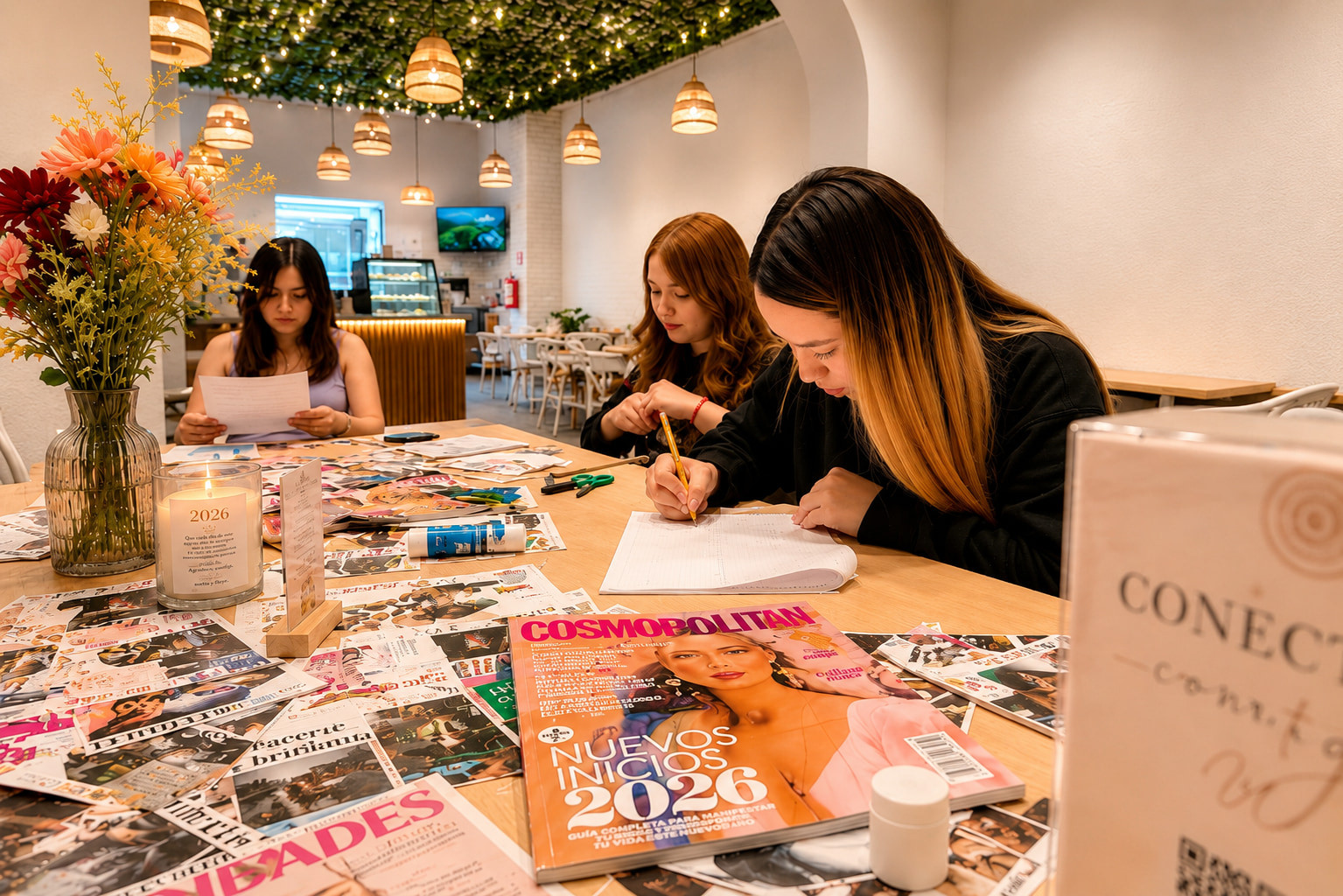 Alere table with magazines, worksheets and candles during a 2026 vision workshop