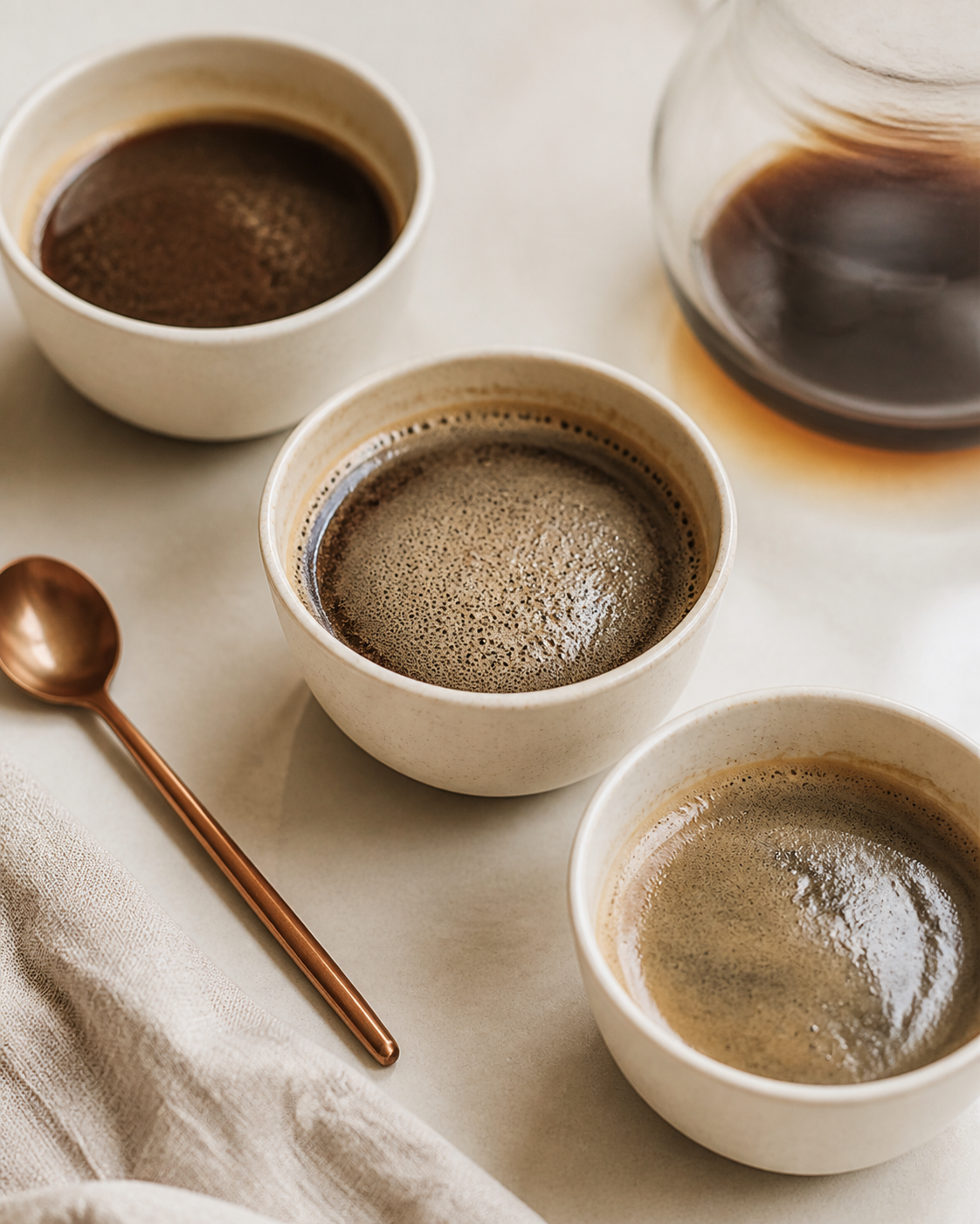 Mesa de catación con cafés servidos y cuchara de cata