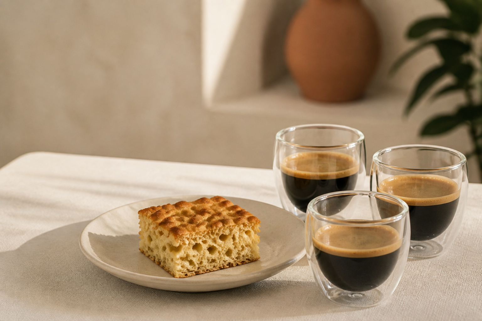 Espressos y panadería dispuestos para una experiencia de cata y maridaje
