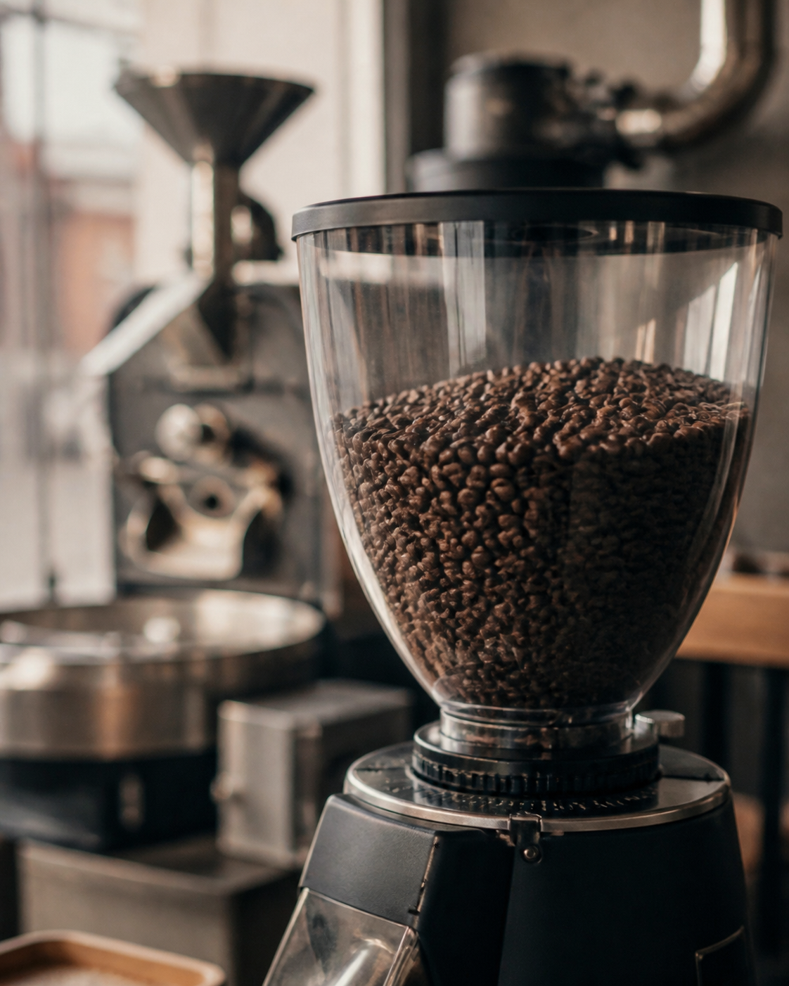 Café tostado y equipo de trabajo del oficio de Taller de Espresso