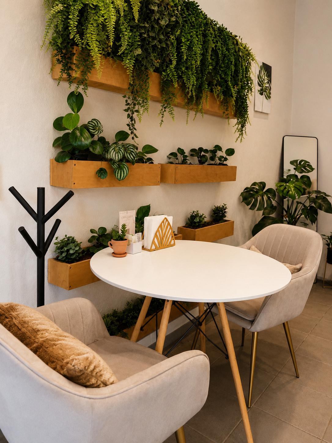 Alere interior · plant wall corner with round table